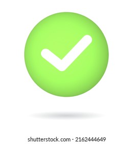 Green 3D button with check mark notification. Isolated on white background vector illustration