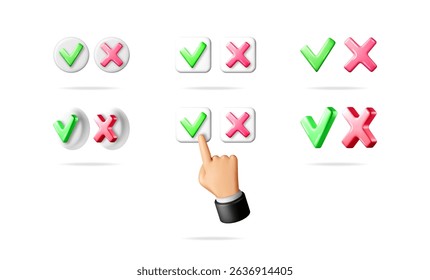 Green 3d check mark symbol and red cross mark icons set in various styles with man hand choosing option.