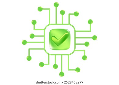 Grünes 3D-Chip-Symbol, mit Häkchen-Symbol einzeln, transparenter Hintergrund. Futuristisch leuchtendes Glas Textur Technologie Prozessor, digitale Verbindung, Computer CPU, künstliche Intelligenz Netzwerk.