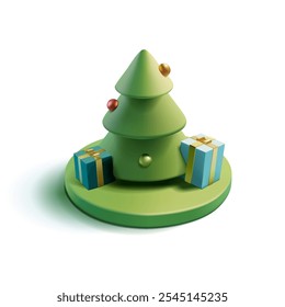 Green 3D Christmas tree with gifts. Modern illustration for Christmas celebration concepts. Happy Holidays. A winter's tale. Vector illustration.