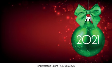 Green 3d christmas tree toy with white 2021 sign hanging on ribbon with green bow. Red gradient background with sparkling lights. Space for text. Vector holiday illustration.