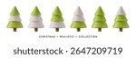 Green 3D Christmas trees in various shapes. Isolated holiday realistic vector illustration for New Year greeting cards, posters, and web design.
