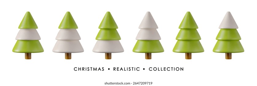 Green 3D Christmas trees in various shapes. Isolated holiday realistic vector illustration for New Year greeting cards, posters, and web design.