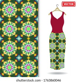 Patrón de flores sin soldadura de color verde 3d. Ornamento oriental sin fisuras. Ilustración de moda con percha.