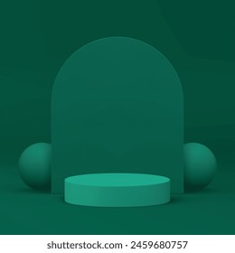 Green 3d cylinder podium pedestal mock up for cosmetic product show realistic vector illustration. Minimalist aesthetic round stand with semi circle wall background and sphere decor