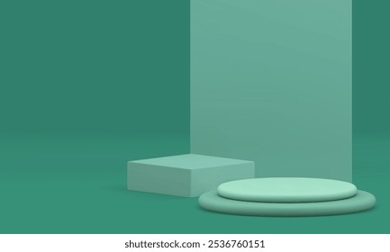 Espacio cuadrado de la sala de exposición del podio del cilindro 3d verde para la Ilustración vectorial realista de la presentación. Pedestal minimalista de moda con la maqueta del fondo de la pared para el espectáculo comercial de la publicidad del producto