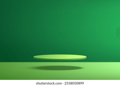 Green 3D cylindrical podium background floating on air with empty wall scene. Minimalist 3D mockup pedestal. Abstract stand product display presentation, Stage for showcase. Vector platforms design.