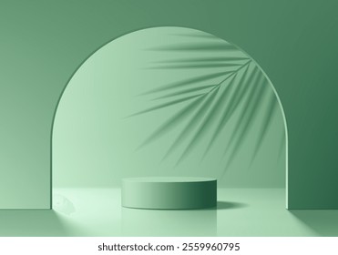 Green 3D cylindrical podium background in curve gate, palm leaf shadow wall scene. Minimalist mockup pedestal. Abstract stand product display presentation. Stage for showcase. Vector platform design.