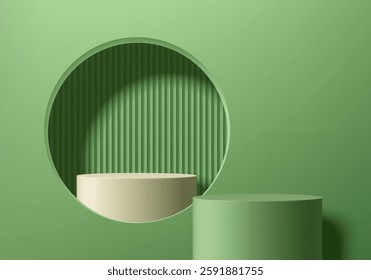 Green 3D cylindrical podium background with round circle window. Studio wall scene. Minimalist mockup pedestal. Abstract stand product display presentation. Stage for showcase. Vector platform design.