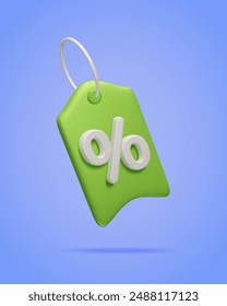 Green 3D discount price tag vector illustration. Summer sale, online shopping, special promo offer banner. Price tag with percent sign 3D vector render icon. Cash back voucher coupon design element.