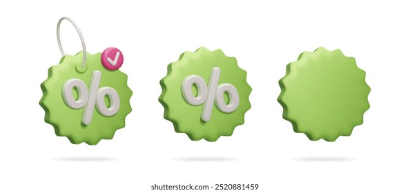 Green 3D discount price tags isolated on white. Online shopping sale percent sign 3d vector sticker icon set. Special offer badge, discount price tag, check mark notification sign 3d vector render.