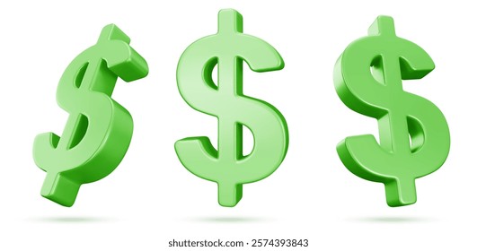 Green 3d dollar signs set isolated on white. Vector realistic illustration of rotating and floating American money symbols with shadow, usd currency, business finance, online casino app design element