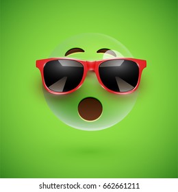 Green 3D emoticon with sunglasses, on a green background, vector illustration