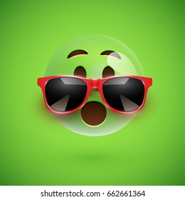 Green 3D emoticon with sunglasses, on a green background, vector illustration