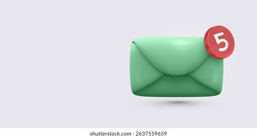 Green 3D Envelope with Red Notification Badge Showing Message Count. Clean Minimal Design Ideal for Email, Communication, or App Interface Concepts. Vector Illustration.