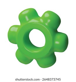 Green 3D gear with smooth, rounded edges, Vector illustration. Cogwheel for industrial themes, engineering, repair. Teamwork symbol. Cartoon style. Isolated background. Plastic icon.