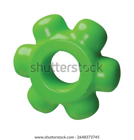 Green 3D gear with smooth, rounded edges, Vector illustration. Cogwheel for industrial themes, engineering, repair. Teamwork symbol. Cartoon style. Isolated background. Plastic icon.