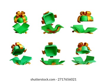 Green 3d gift box with gold ribbon on white background. Holiday surprise for birthday, Christmas, or party celebration concept. Vector illustration