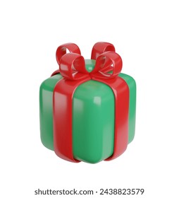 Green 3d gift box. Gift box icon with big red bow . Isolated vector illustration eps 10
