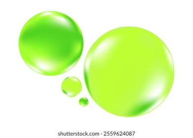 Green 3D glowing bubbles, shower gel droplets isolated, transparent background. Liquid spilled serum blob for natural cosmetic.