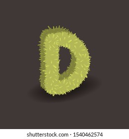 Green 3D grass letter D. Eco vector alphabet for invitation card on an organic party. Hancrafted typeface