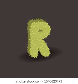 Green 3D grass letter R. Eco vector alphabet for invitation card on an organic party. Hancrafted typeface