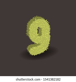 Green 3D grass number nine. Eco vector alphabet for invitation card on an organic party. Hancrafted typeface