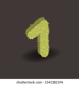 Green 3D grass number one. Eco vector alphabet for invitation card on an organic party. Hancrafted typeface