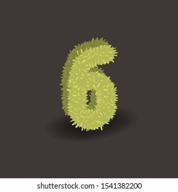 Green 3D grass number six. Eco vector alphabet for invitation card on an organic party. Hancrafted typeface