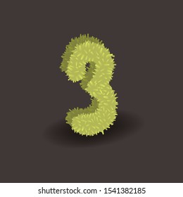 Green 3D grass number three. Eco vector alphabet for invitation card on an organic party. Hancrafted typeface