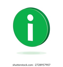 Icono verde de la información 3D. Botón redondo isométrico realista con letra blanca i. Símbolo de ayuda y Asistencia con sombra. Signo de Servicio al cliente de FAQ para el diseño de la interfaz de usuario del App del Web aislado en el fondo blanco.