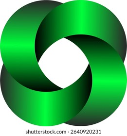 Green 3D logo in four parts. Vector illustration. Green intertwined symbol, logo object. Isolated on white background. Vector illustration.