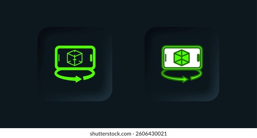 Green 3d modeling icon isolated on black background. Augmented reality or virtual reality. Black square button. Vector