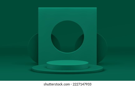 Green 3d pedestal geometric award arena squared wall block with hole for product presentation realistic vector illustration. Podium event celebration stage cylinder level foundation studio background