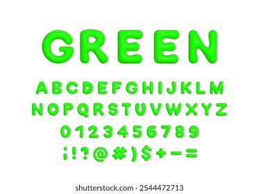 Green 3d plastic balloon alphabet, symbols and numbers. Shiny inflated Y2K font ABC vector isolated