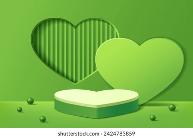 Green 3D podium with a backdrop of geometric abstract heart shaped windows and a floor decorated with small heart objects, Background for display product, Vector illustration
