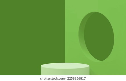 Green 3d podium geometric basic foundation for promo presentation corner studio background realistic vector illustration. Pedestal construction cylinder platform wall hole award advertising arena