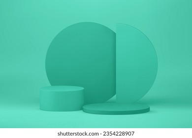 Green 3d podium geometric circle pedestal showroom commercial composition realistic vector illustration. Minimalist aesthetic showcase round display with wall background for shopping sale advertising