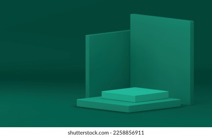 Green 3d podium geometric construction squared corner wall basic foundation realistic vector illustration. Pedestal angular award arena isometric showcase for product promo presentation decor design