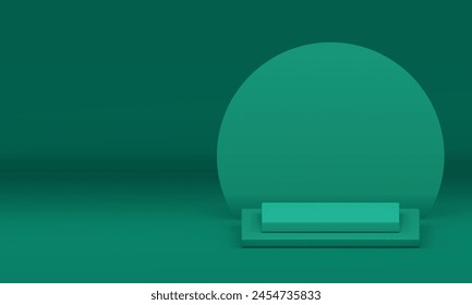 Green 3d podium pedestal with circle wall background for product show realistic vector illustration. Advertising commercial showroom geometric showcase display promo stand trendy stage space interior
