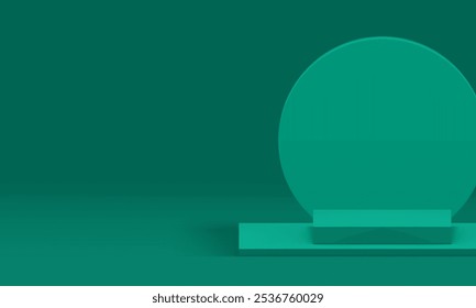 Green 3d podium pedestal mockup for cosmetic show presentation realistic vector illustration. Trendy minimalist aesthetic squared platform with round wall background for product advertising
