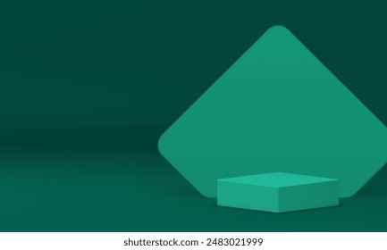 Green 3d podium pedestal showroom mock up for product show realistic vector illustration. Minimalist rendering squared platform with pentagonal wall background commercial advertising display