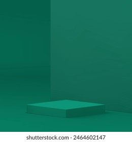 Etapa cuadrada del pedestal del podio 3d verde para la presentación del producto Ilustración vectorial realista. Plataforma de exhibición de la publicidad de moda con la exhibición de la venta del fondo de pared