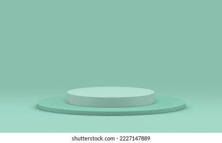 Green 3d podium round platform level foundation champion win celebration event realistic vector illustration. Pedestal cylinder construction basic step award arena minimal promo presentation