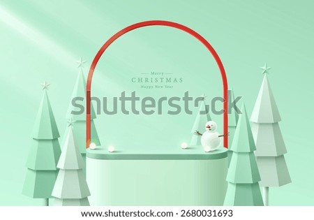Green 3D product podium background with snowman Christmas tree in Merry Christmas theme. Abstract composition minimalist design. Studio display showroom product pedestal, Fashion stage showcase mockup