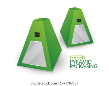 Pirámide verde 3d, ilustración vectorial, embalaje de caja para alimentos, regalo u otros productos, embalaje de productos, embalaje de bola de arroz