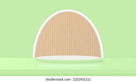 Green 3D room with realistic cylinder pedestal podium. Minimal scene for product display presentation. Stage for showcase. Vector geometric design platform.