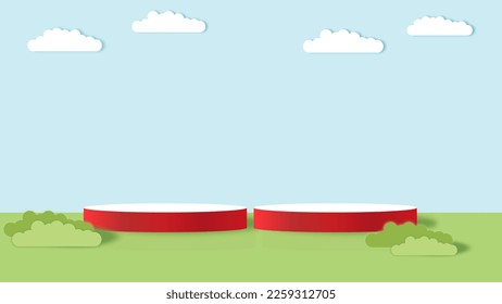 Green 3D room with red realistic  pedestal podium. Minimal landscape scene for product display presentation. Stage for showcase. Vector geometric design platform.