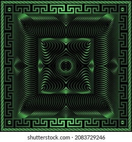 Green 3d seamless pattern. Greek square frames, borders. Warped lines surface 3d background. Repeat textured creative backdrop. Modern line art Deco luxury 3d ornaments. Endless texture. Ornate design