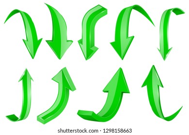 Green 3d shiny arrows. Set of Up and Down icons. Vector illustration isolated on white background